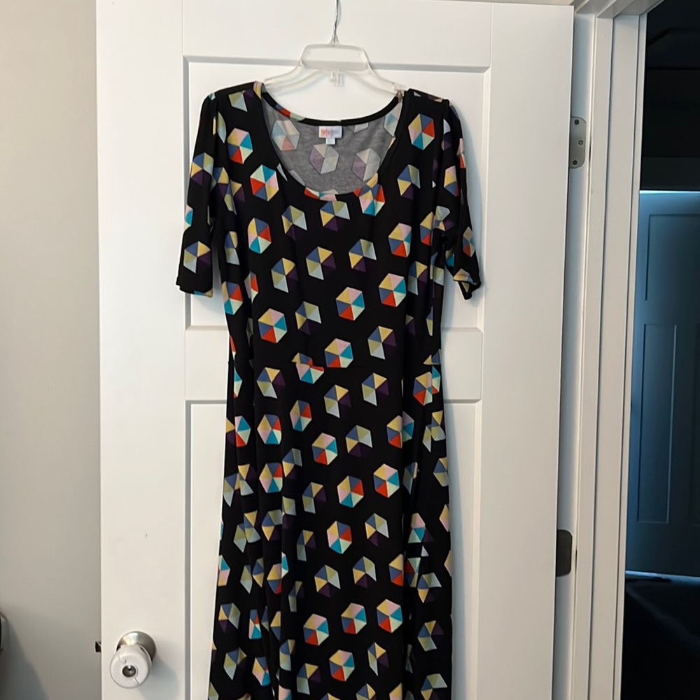 LuLaRoe Black Multicolor Geometric Print Dress (Size XXL)